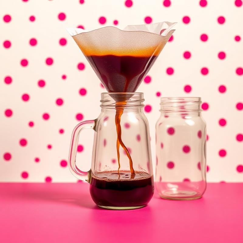 Cold brew coffee strained through a paper filter into a glass carafe