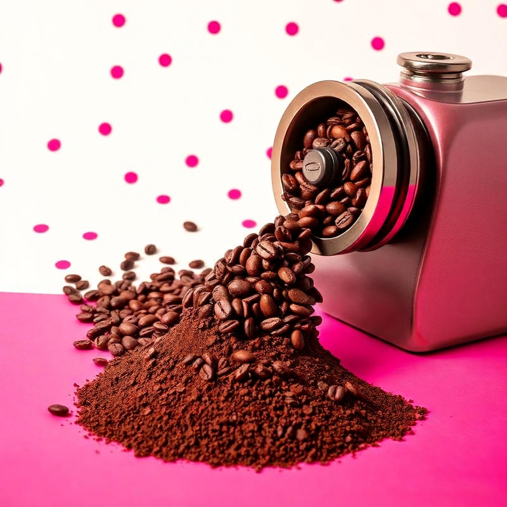 Coffee beans poured into a grinder producing a pile of coarse chunky grounds